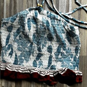 Sienna sky xl Smocked Halter Crop Top with blue rust Leaf Print